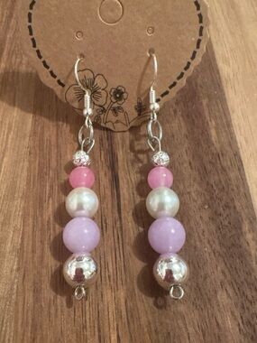Handmade Pink and Lilac Beaded Drop Earrings - Dyed Jade & Plated Lava Stone